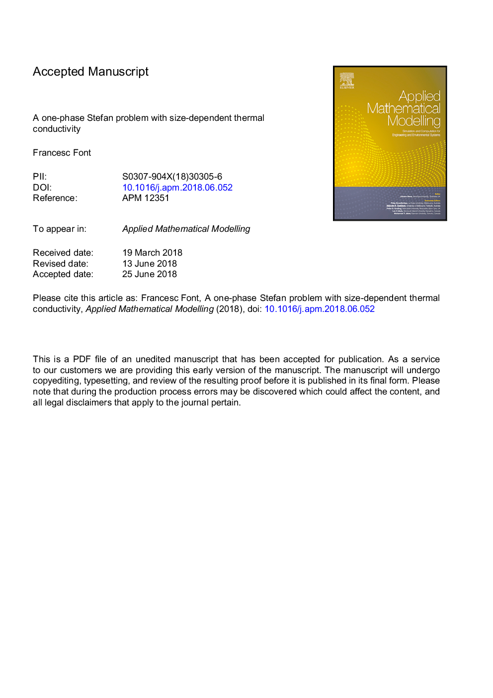 عکس صفحه اول مقاله: A one-phase Stefan problem with size-dependent thermal conductivity A one-phase Stefan problem with size-dependent thermal conductivity