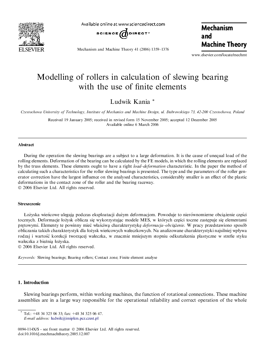 Modelling of rollers in calculation of slewing bearing with the use of finite elements