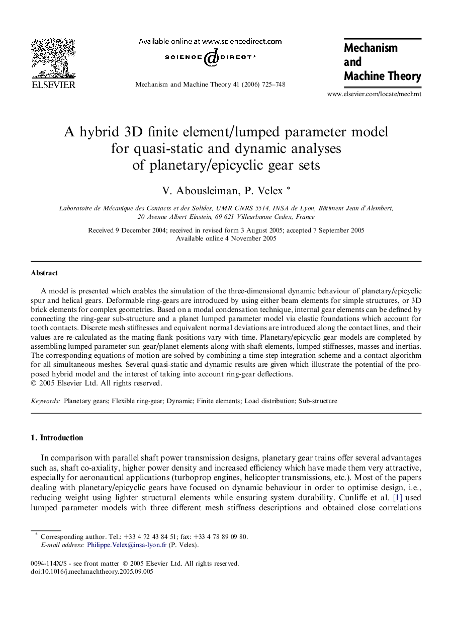 A hybrid 3D finite element/lumped parameter model for quasi-static and dynamic analyses of planetary/epicyclic gear sets