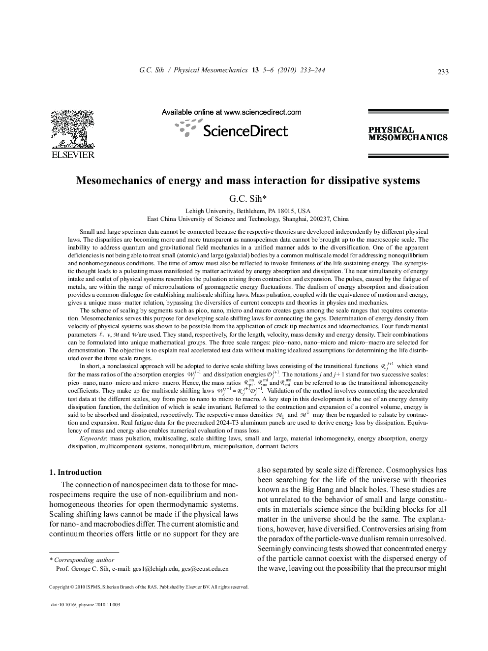 Mesomechanics of energy and mass interaction for dissipative systems