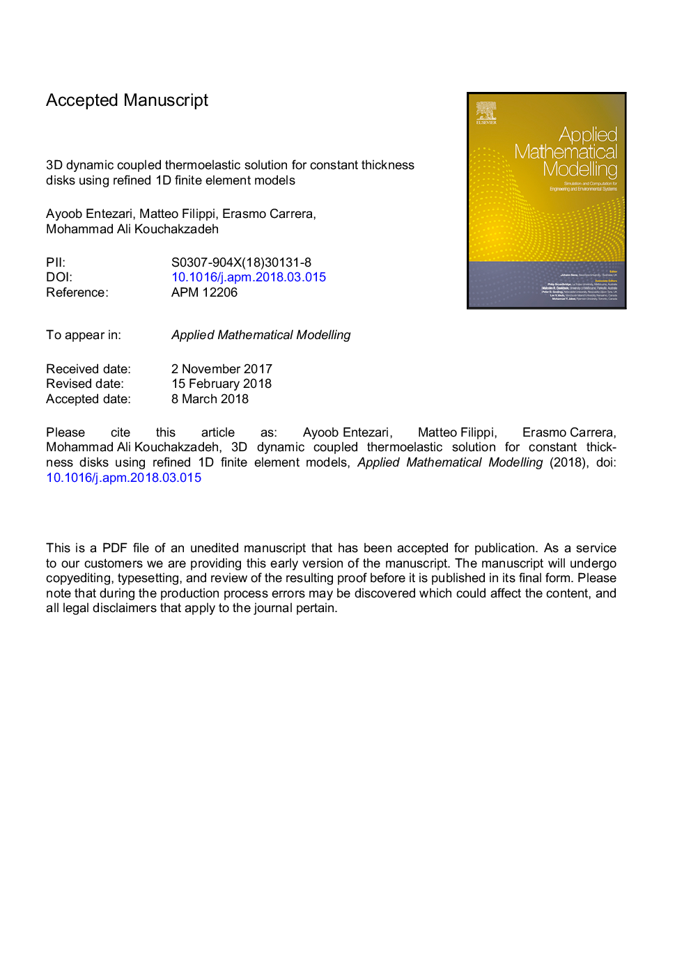 3D dynamic coupled thermoelastic solution for constant thickness disks using refined 1D finite element models