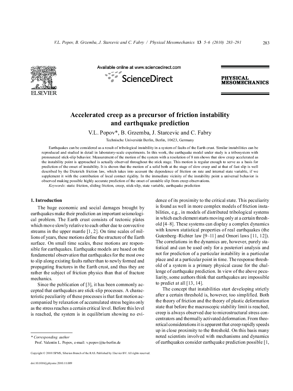 Accelerated creep as a precursor of friction instability and earthquake prediction