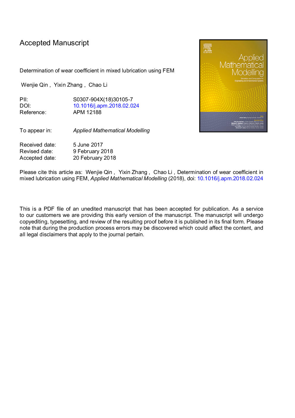 Determination of wear coefficient in mixed lubrication using FEM