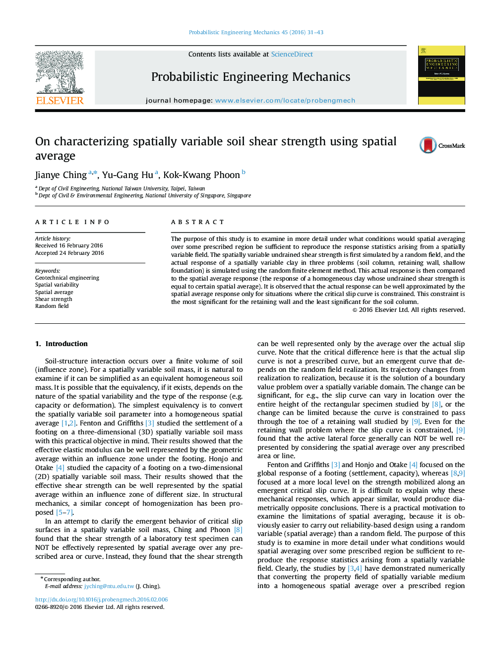 On characterizing spatially variable soil shear strength using spatial average