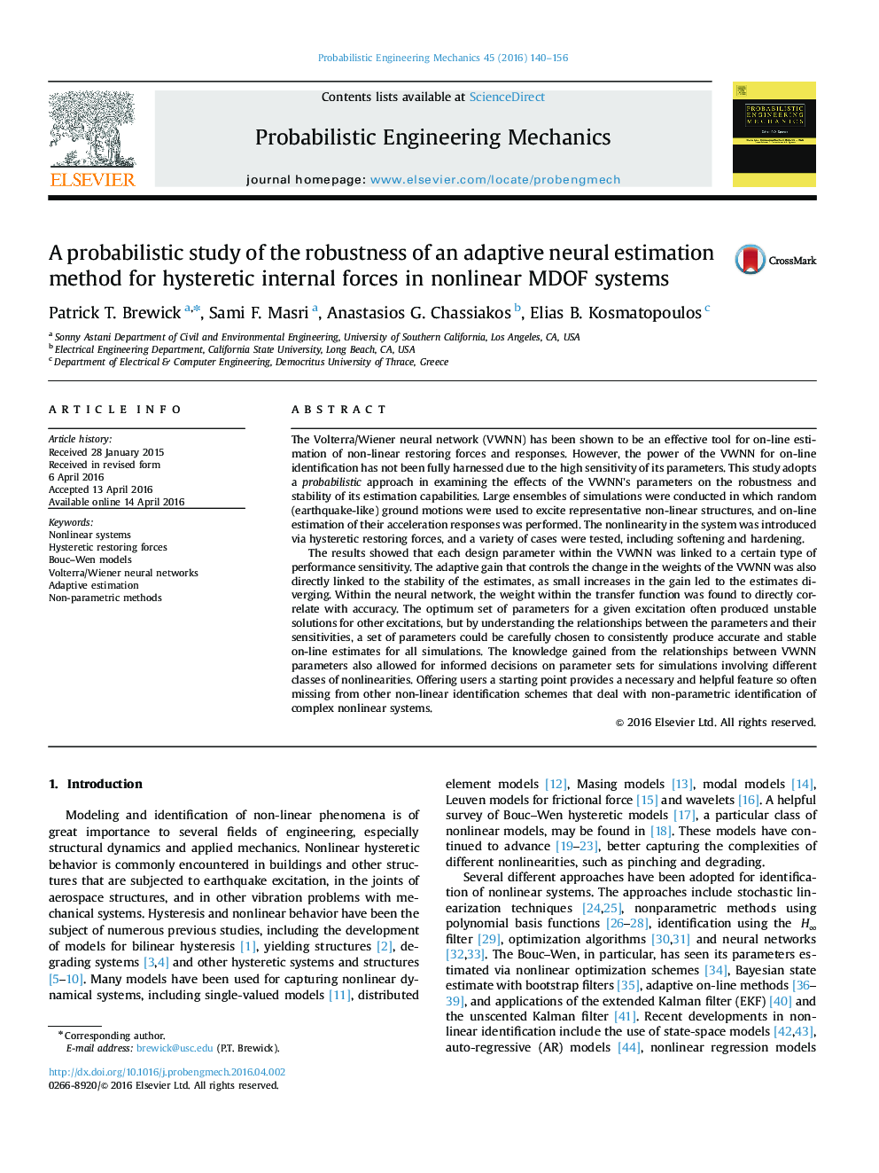 A probabilistic study of the robustness of an adaptive neural estimation method for hysteretic internal forces in nonlinear MDOF systems