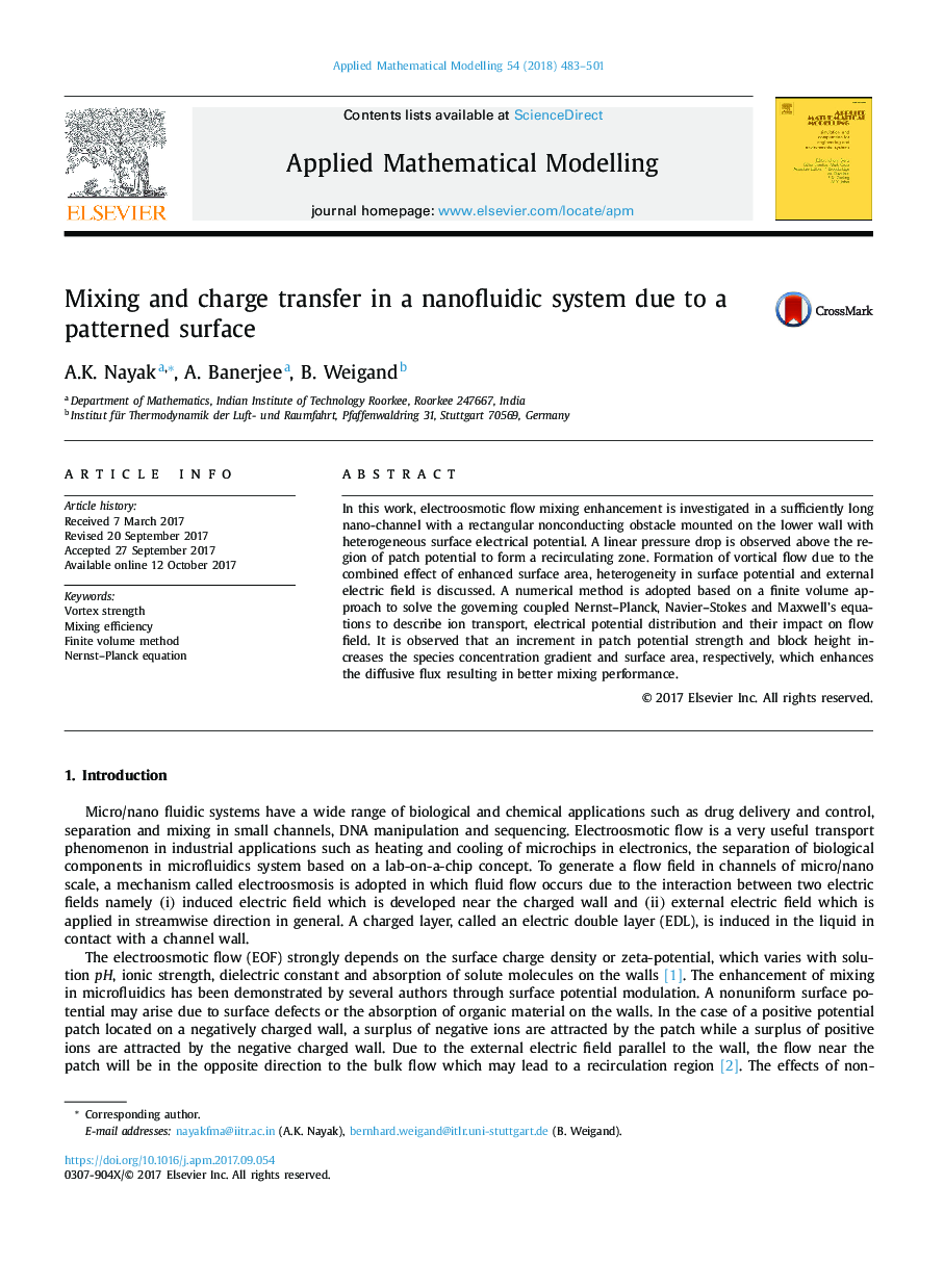 Mixing and charge transfer in a nanofluidic system due to a patterned surface