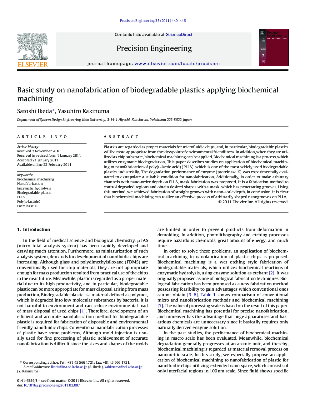 Basic study on nanofabrication of biodegradable plastics applying biochemical machining