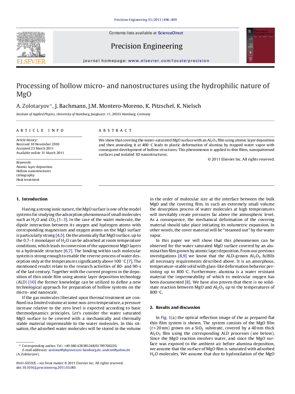 Processing of hollow micro- and nanostructures using the hydrophilic nature of MgO