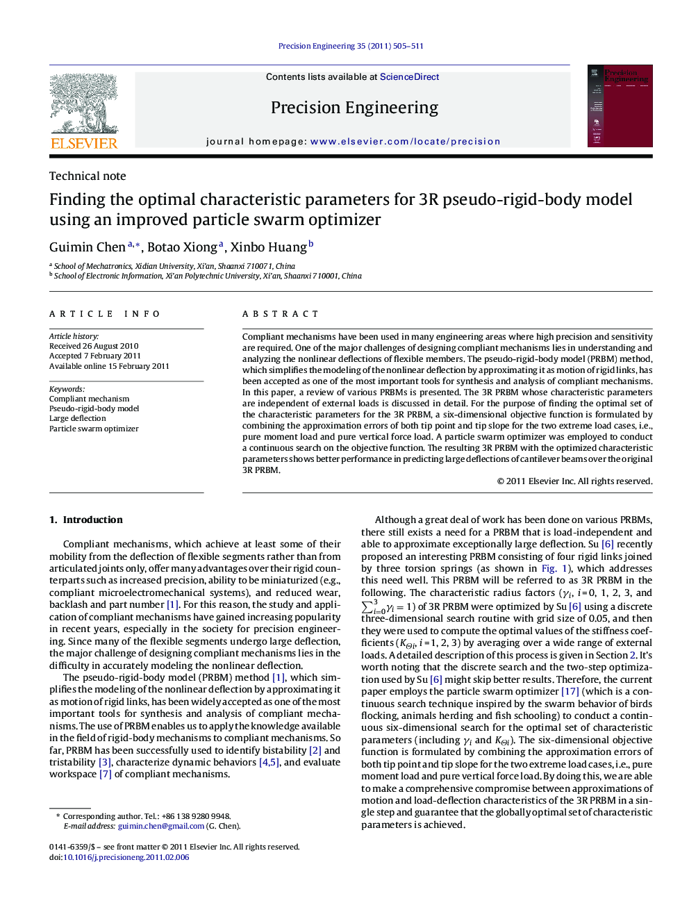 Finding the optimal characteristic parameters for 3R pseudo-rigid-body model using an improved particle swarm optimizer