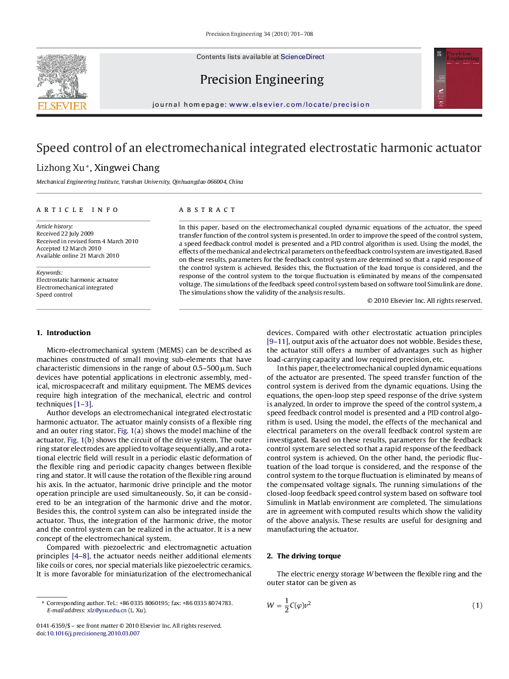 Speed control of an electromechanical integrated electrostatic harmonic actuator