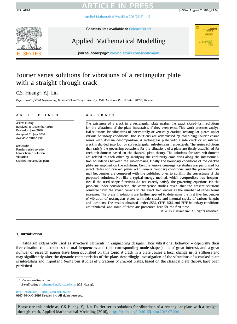 Fourier series solutions for vibrations of a rectangular plate with a straight through crack