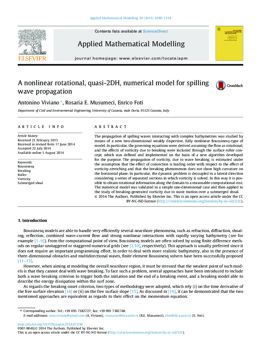 A nonlinear rotational, quasi-2DH, numerical model for spilling wave propagation