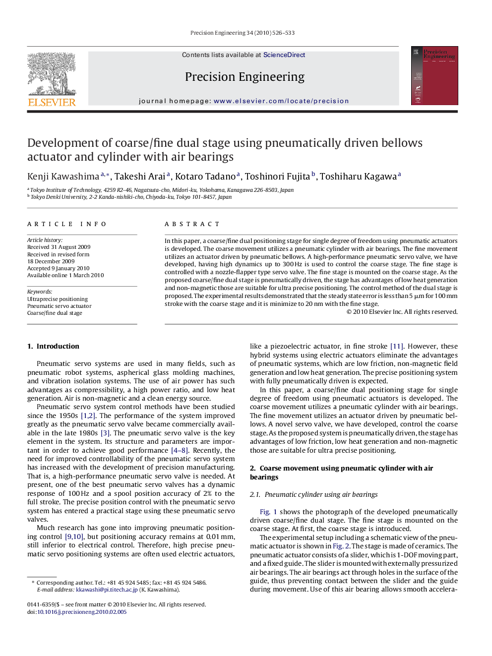 Development of coarse/fine dual stage using pneumatically driven bellows actuator and cylinder with air bearings