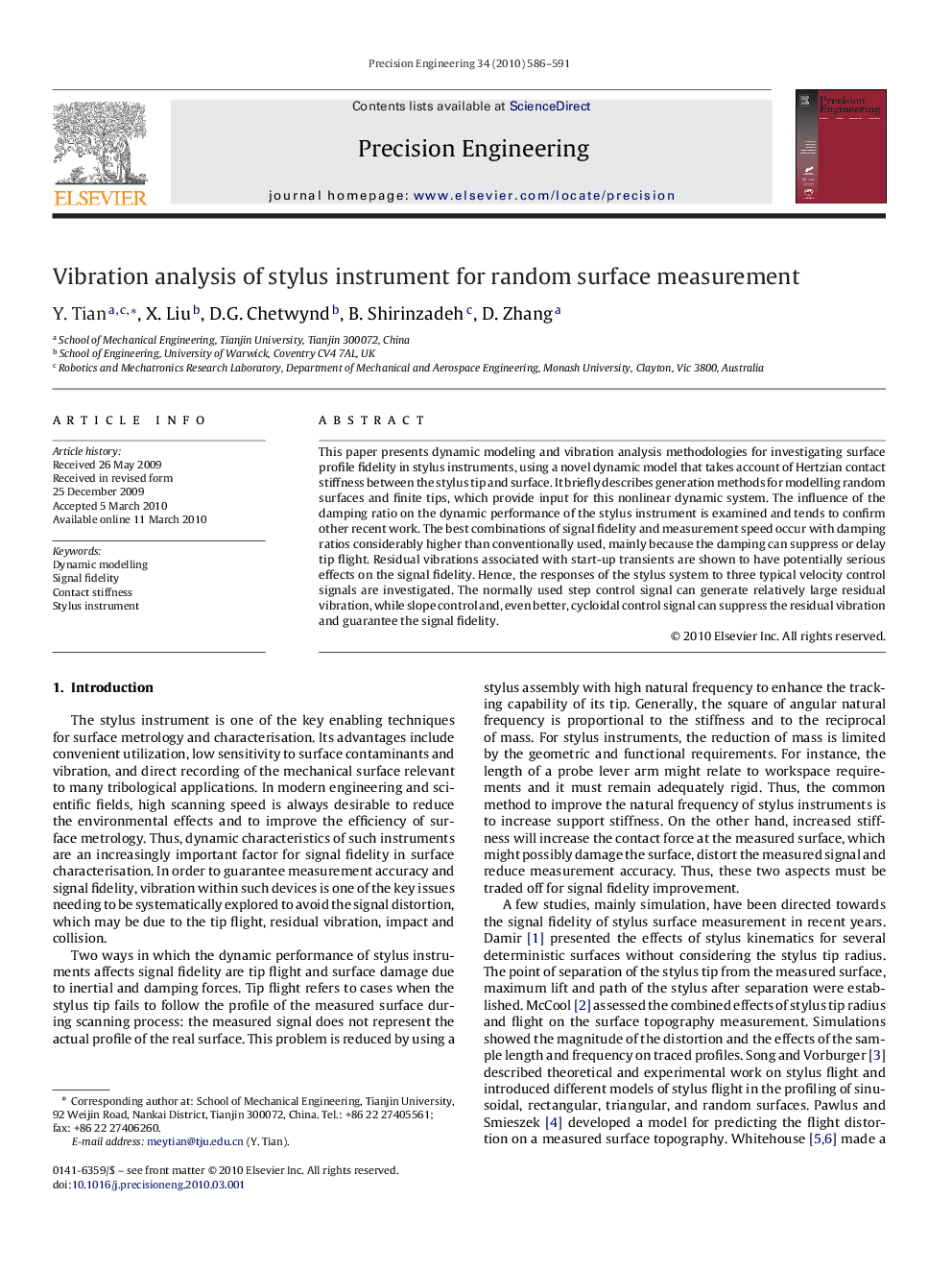 Vibration analysis of stylus instrument for random surface measurement