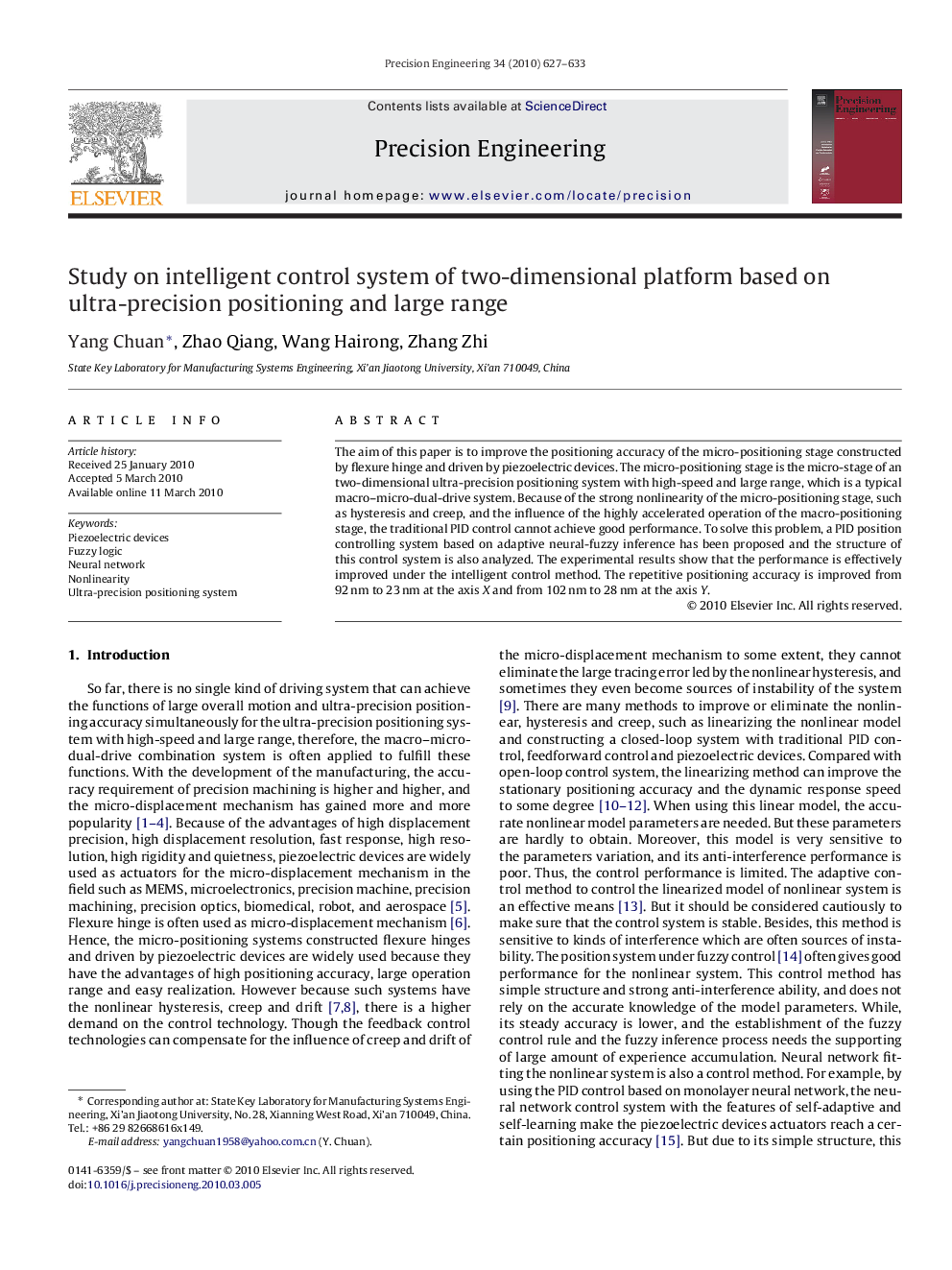 Study on intelligent control system of two-dimensional platform based on ultra-precision positioning and large range