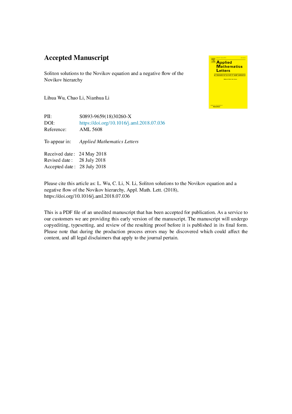 Soliton solutions to the Novikov equation and a negative flow of the Novikov hierarchy