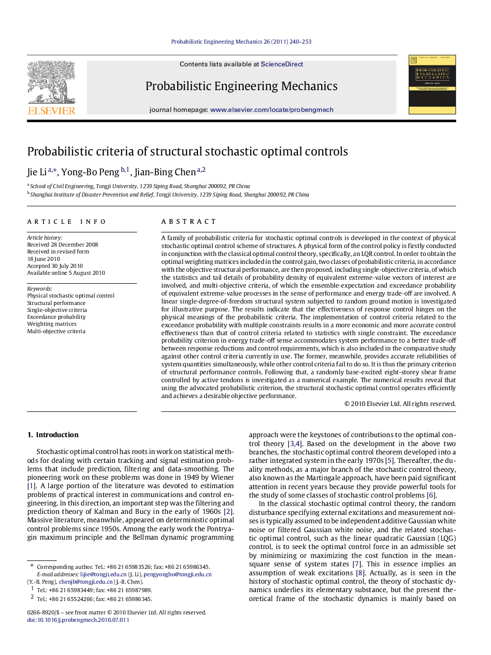 Probabilistic criteria of structural stochastic optimal controls