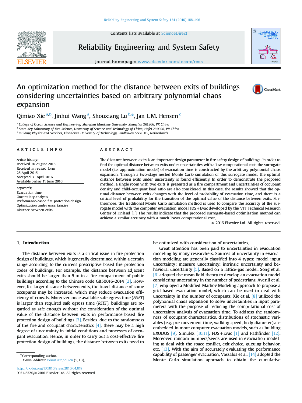 An optimization method for the distance between exits of buildings considering uncertainties based on arbitrary polynomial chaos expansion