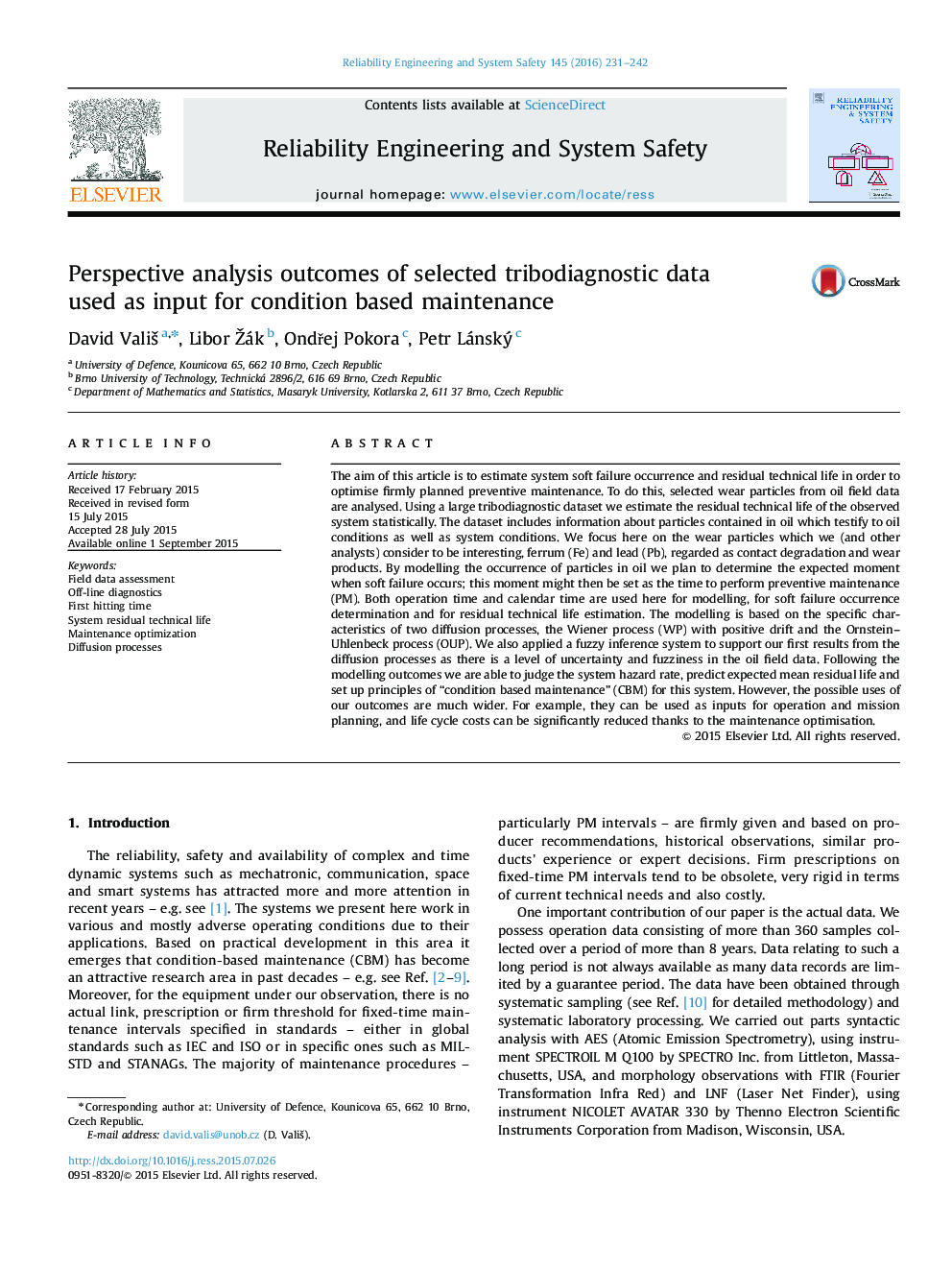 Perspective analysis outcomes of selected tribodiagnostic data used as input for condition based maintenance