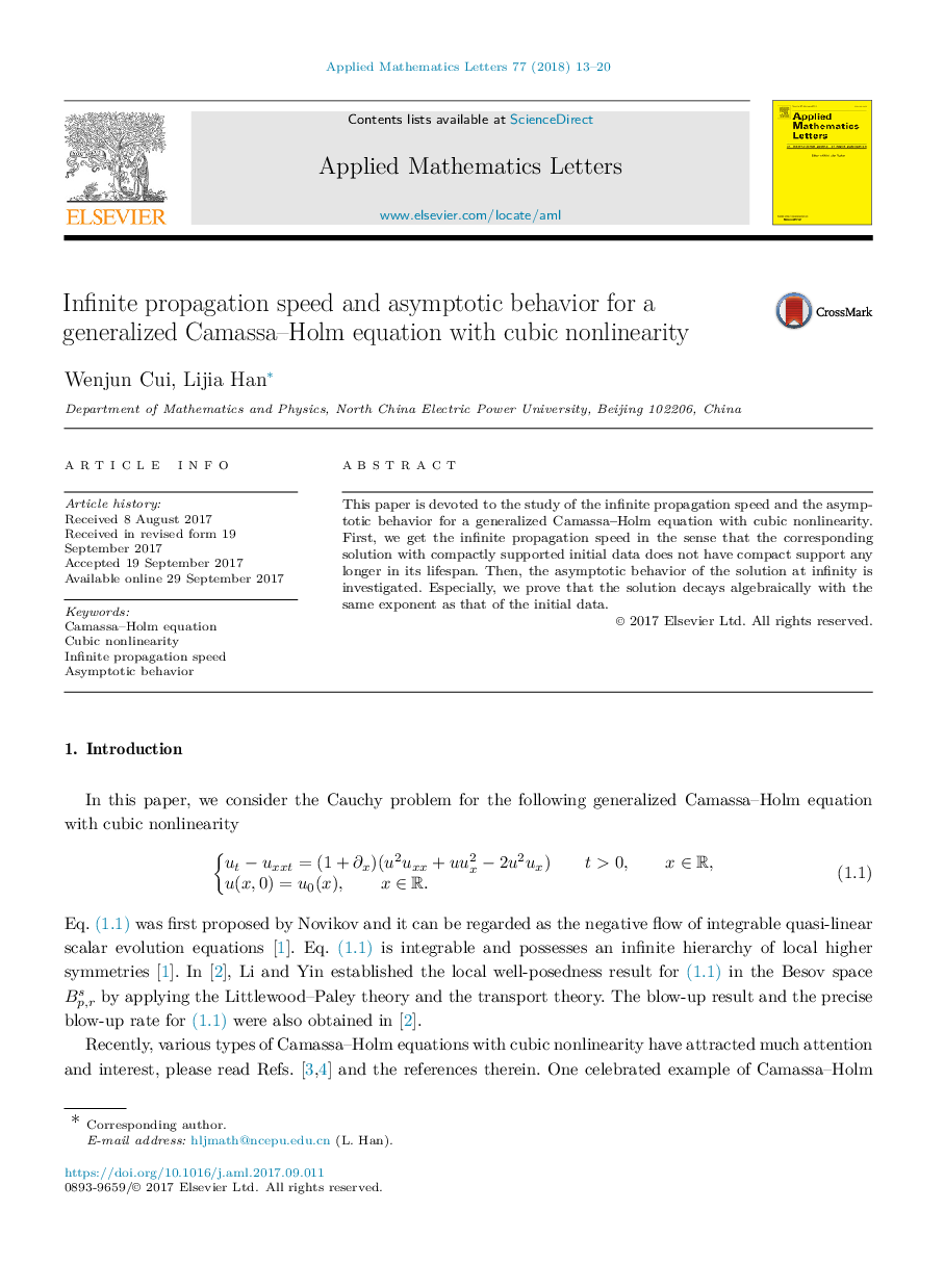 Infinite propagation speed and asymptotic behavior for a generalized Camassa-Holm equation with cubic nonlinearity