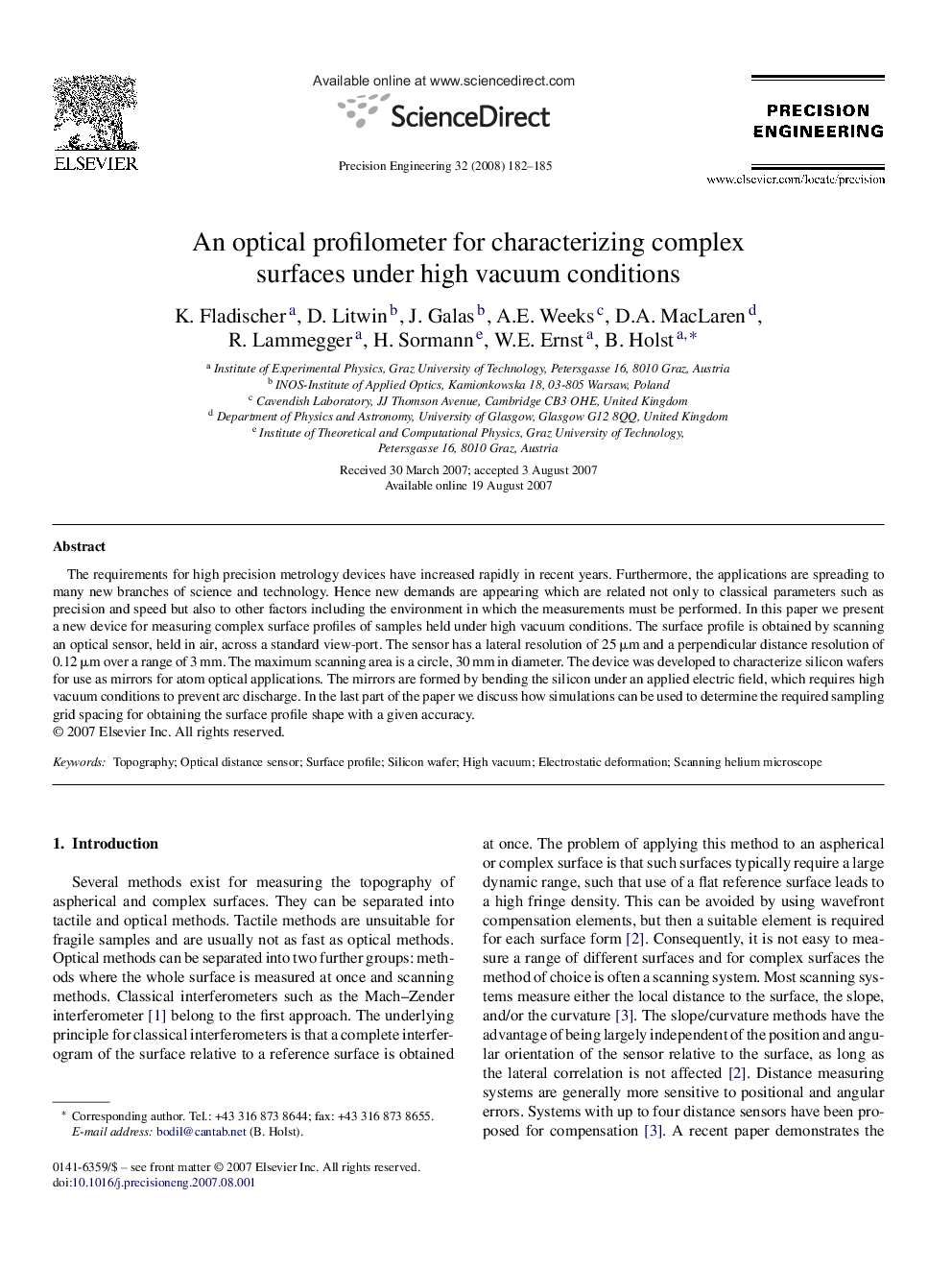 An optical profilometer for characterizing complex surfaces under high vacuum conditions