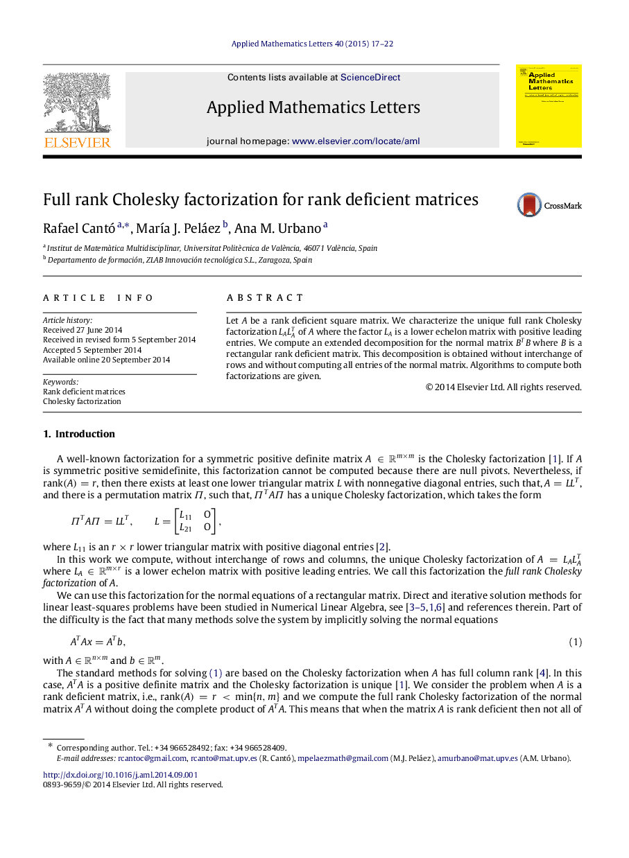 عکس صفحه اول مقاله: Full rank Cholesky factorization for rank deficient matrices Full rank Cholesky factorization for rank deficient matrices