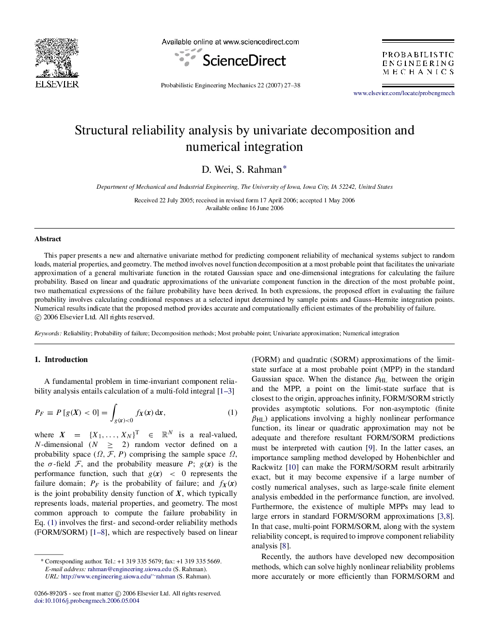 Structural reliability analysis by univariate decomposition and numerical integration