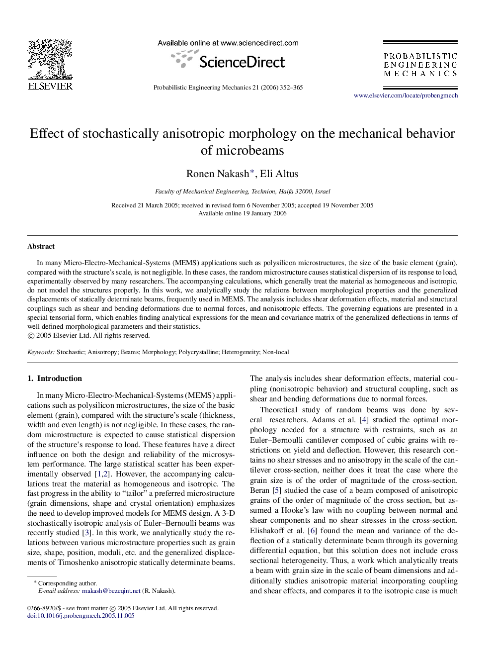 Effect of stochastically anisotropic morphology on the mechanical behavior of microbeams