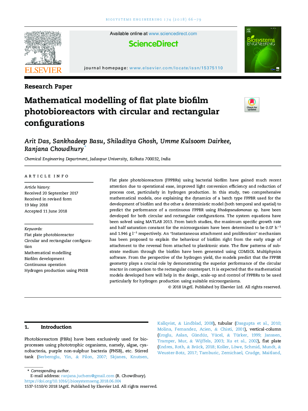 Mathematical modelling of flat plate biofilm photobioreactors with circular and rectangular configurations