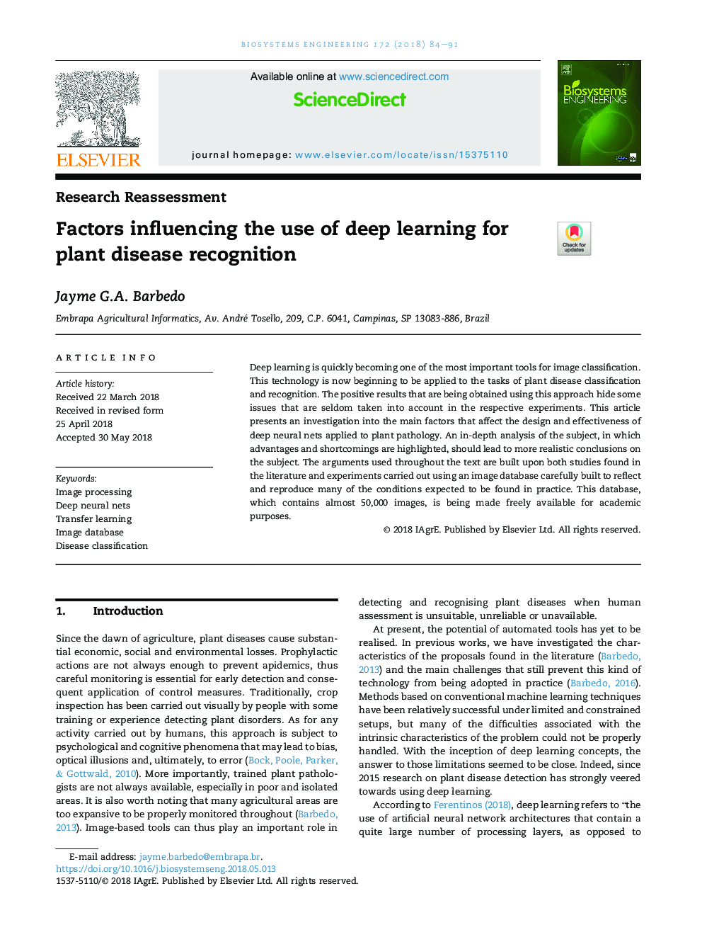 عوامل موثر بر استفاده از یادگیری عمیق برای شناسایی بیماری های گیاهی 