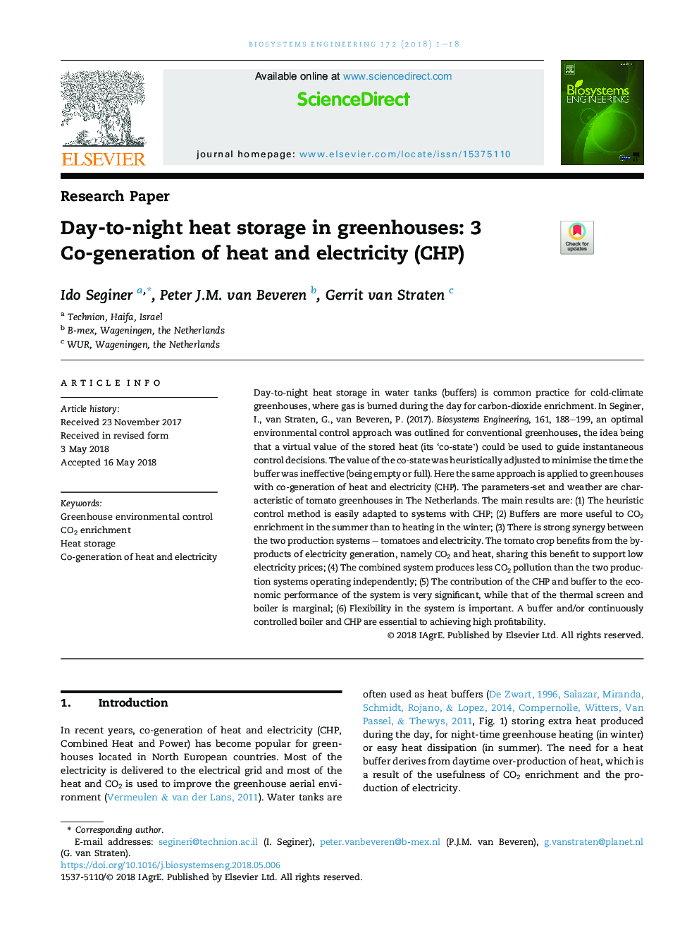 Day-to-night heat storage in greenhouses: 3 Co-generation of heat and electricity (CHP)