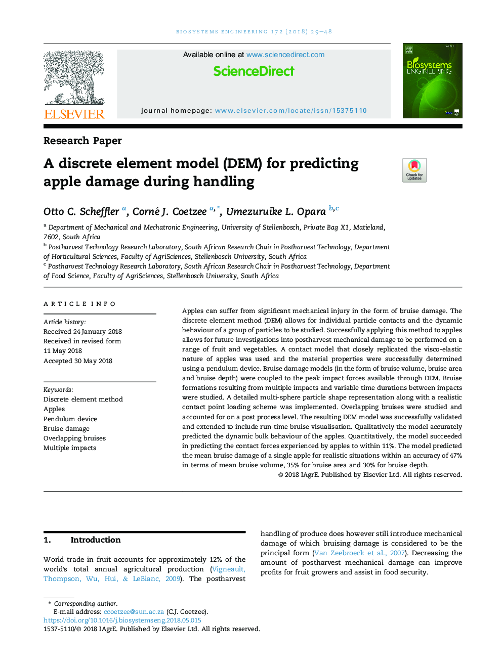 A discrete element model (DEM) for predicting apple damage during handling