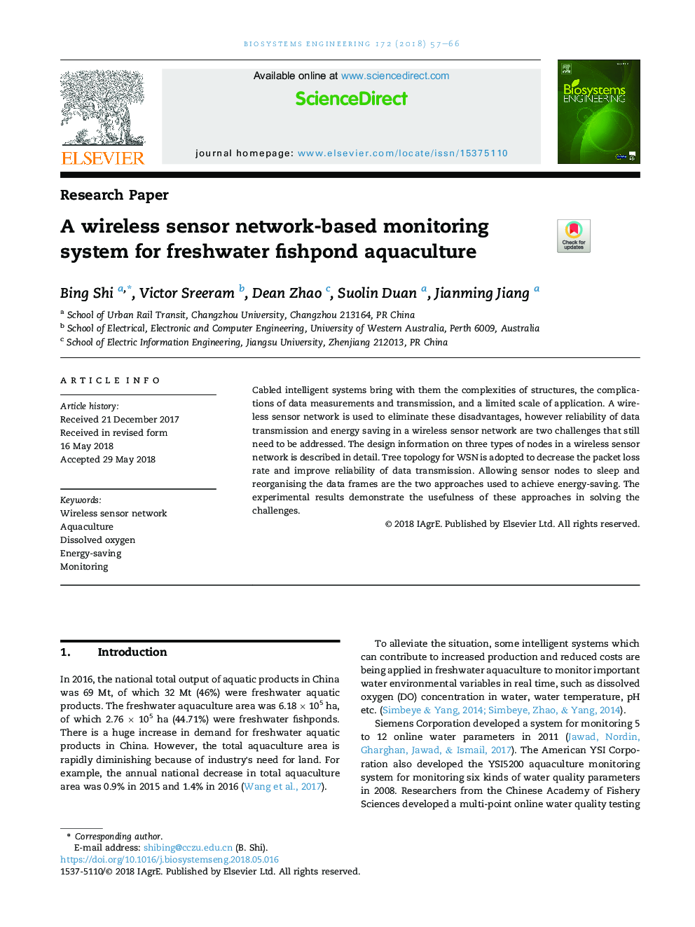 A wireless sensor network-based monitoring system for freshwater fishpond aquaculture