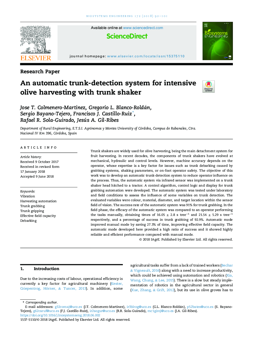 An automatic trunk-detection system for intensive olive harvesting with trunk shaker