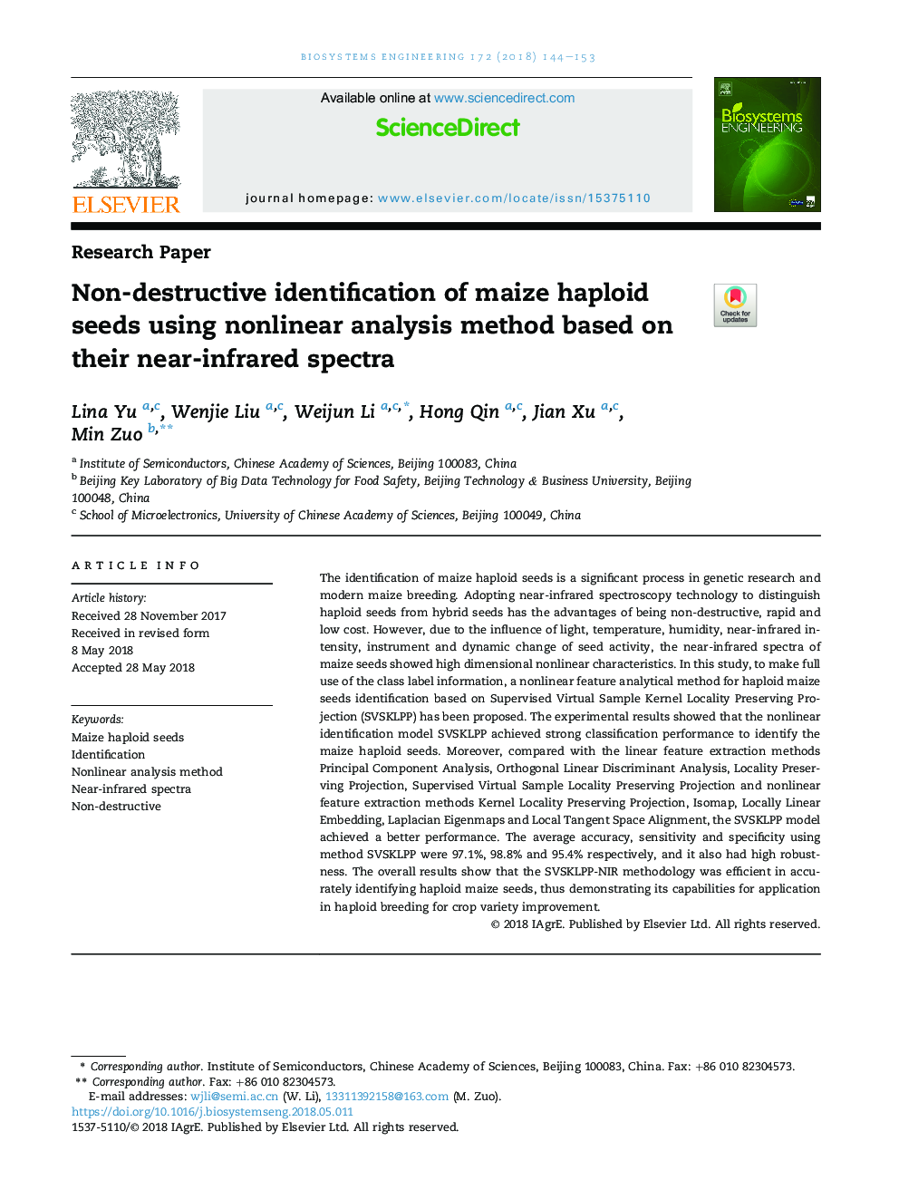 Non-destructive identification of maize haploid seeds using nonlinear analysis method based on their near-infrared spectra