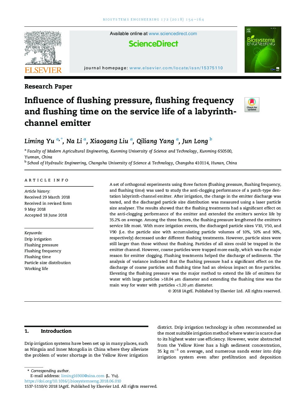 Influence of flushing pressure, flushing frequency and flushing time on the service life of a labyrinth-channel emitter