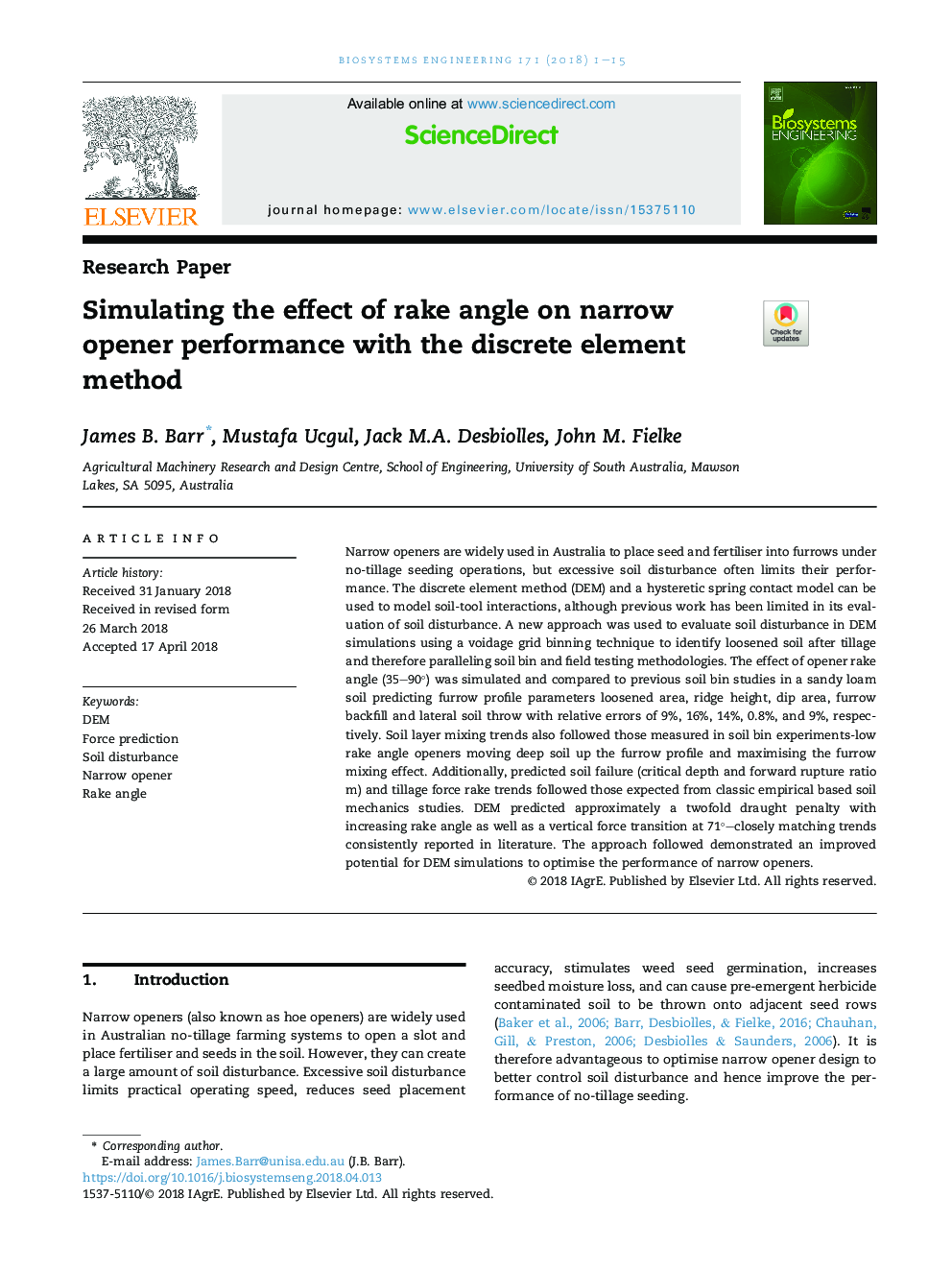 Simulating the effect of rake angle on narrow opener performance with the discrete element method