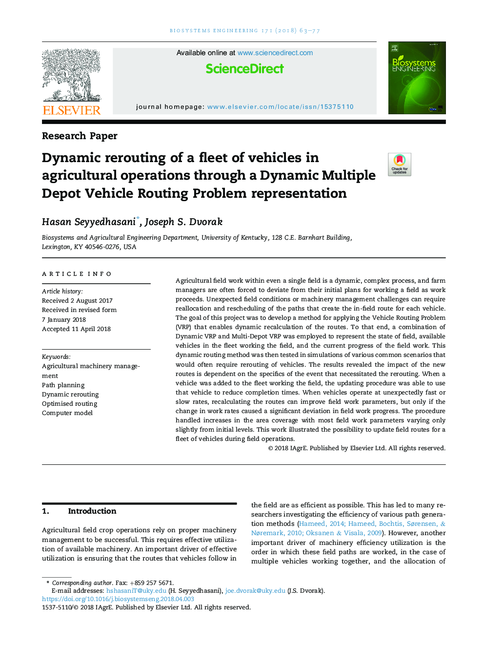 Dynamic rerouting of a fleet of vehicles in agricultural operations through a Dynamic Multiple Depot Vehicle Routing Problem representation