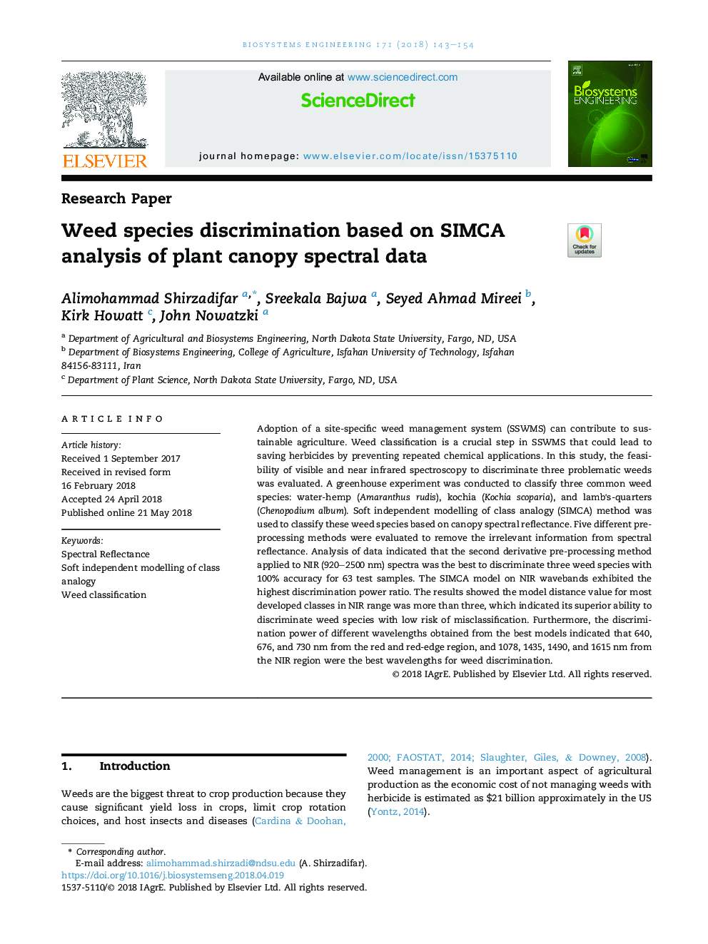 Weed species discrimination based on SIMCA analysis of plant canopy spectral data
