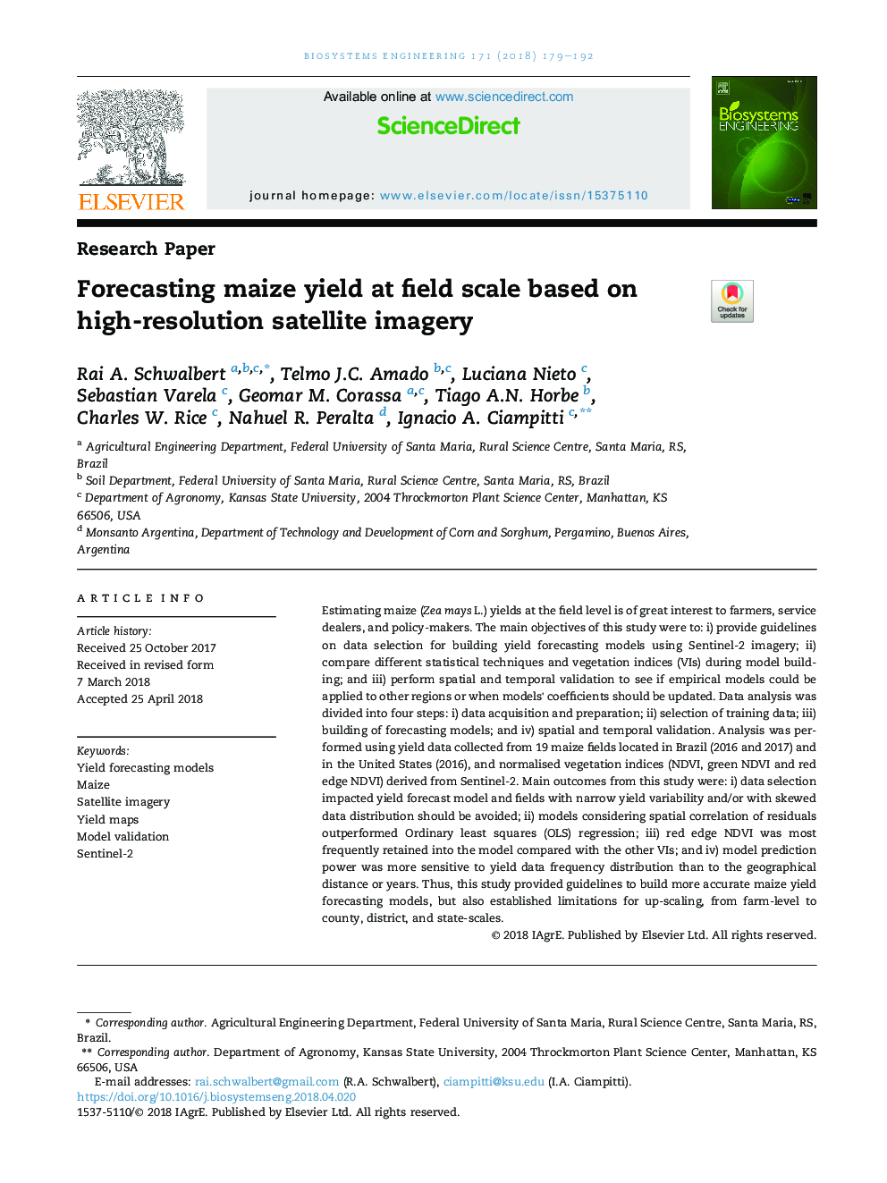 Forecasting maize yield at field scale based on high-resolution satellite imagery