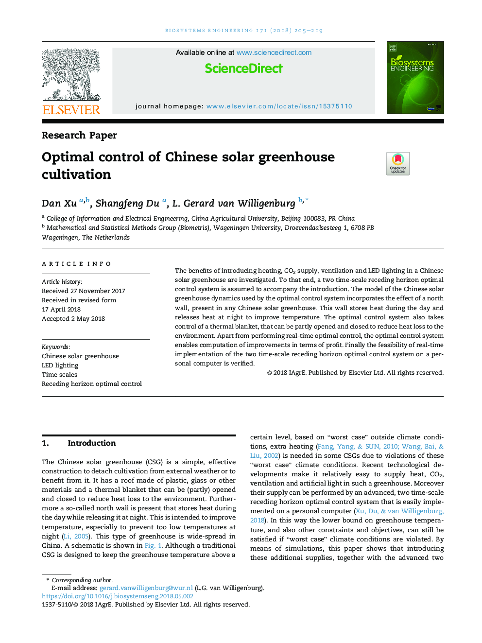 Optimal control of Chinese solar greenhouse cultivation