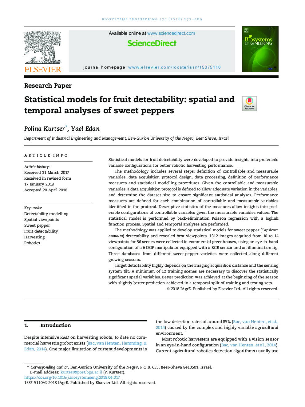 Statistical models for fruit detectability: spatial and temporal analyses of sweet peppers
