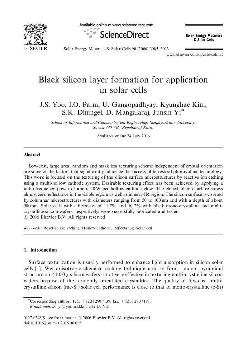 Black silicon layer formation for application in solar cells