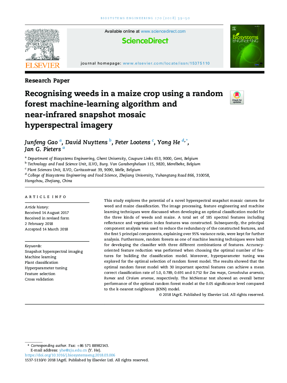 Recognising weeds in a maize crop using a random forest machine-learning algorithm and near-infrared snapshot mosaic hyperspectralÂ imagery