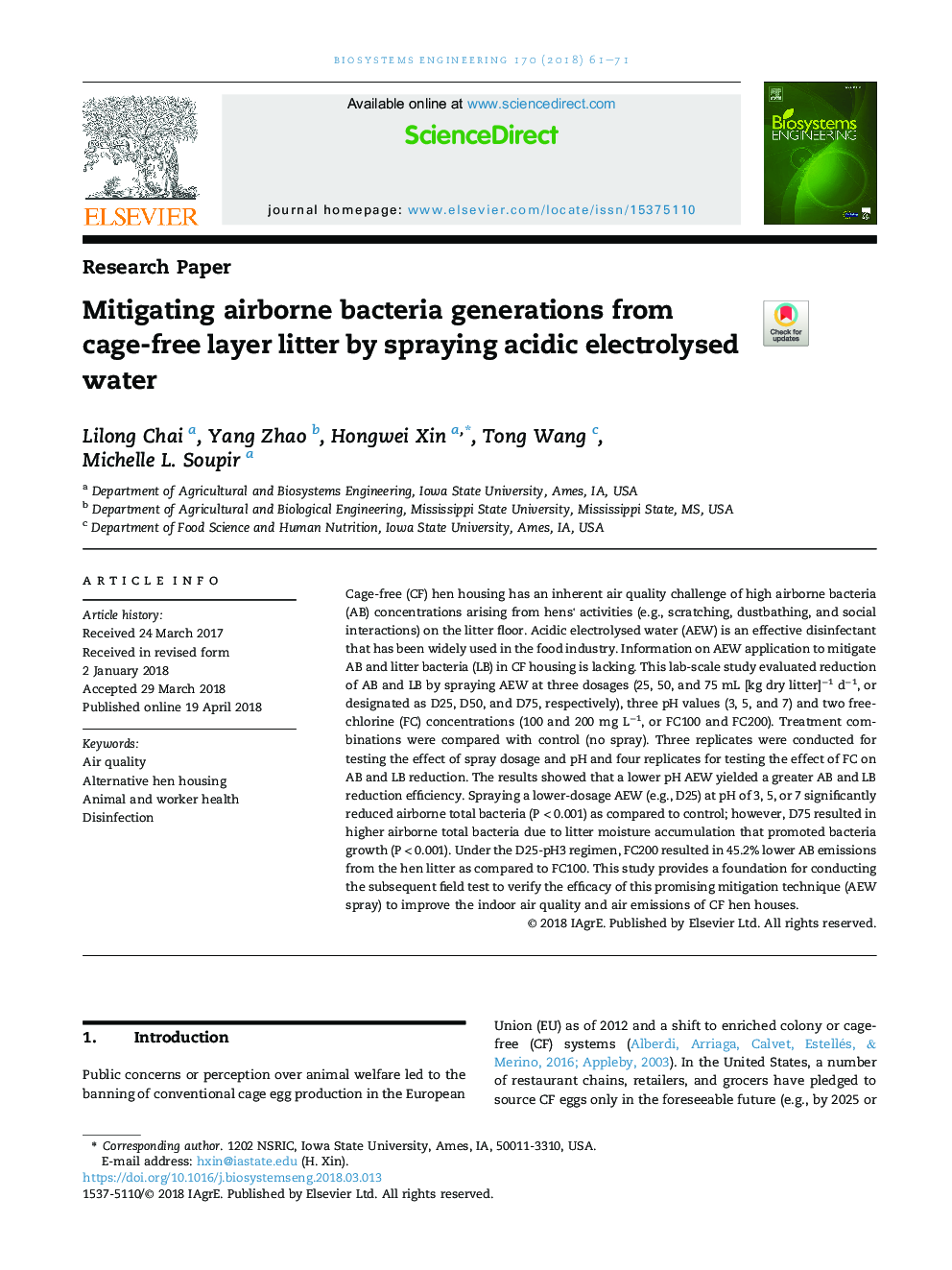 Mitigating airborne bacteria generations from cage-free layer litter by spraying acidic electrolysed water