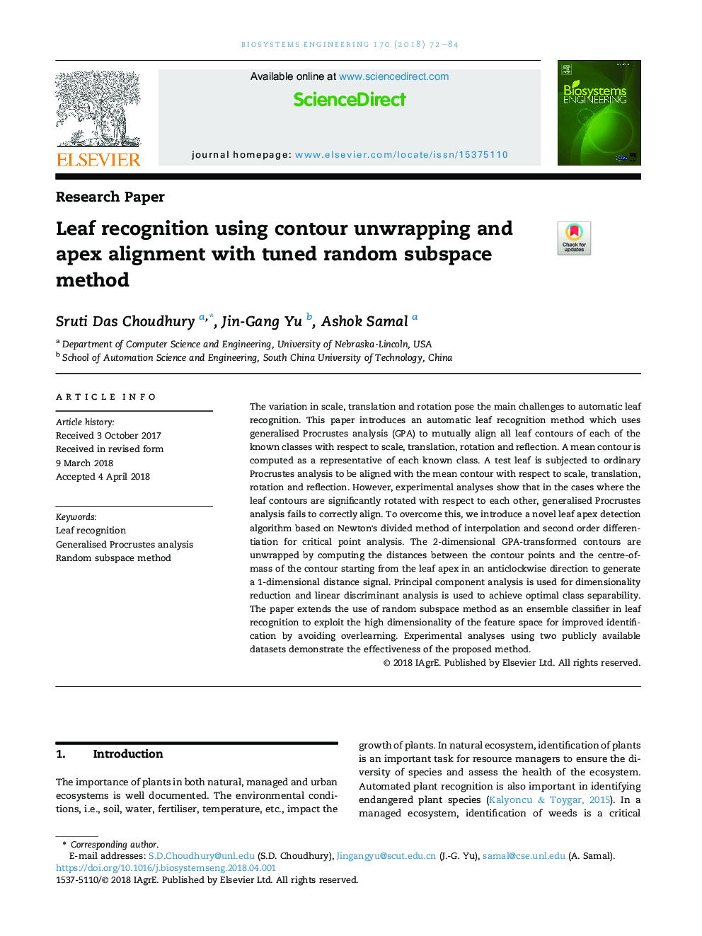 Leaf recognition using contour unwrapping and apex alignment with tuned random subspace method