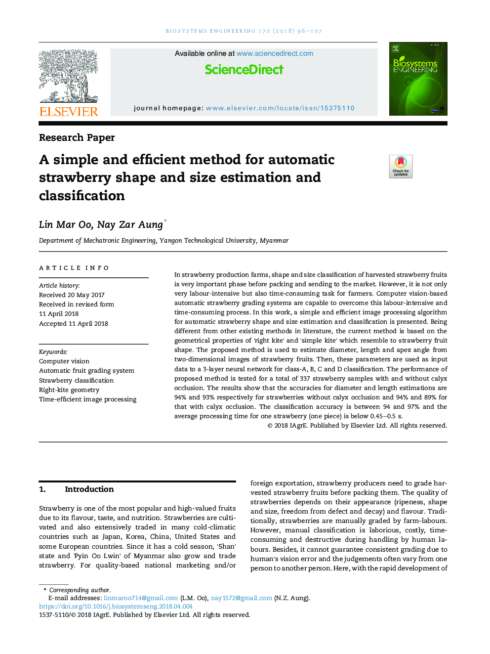 A simple and efficient method for automatic strawberry shape and size estimation and classification