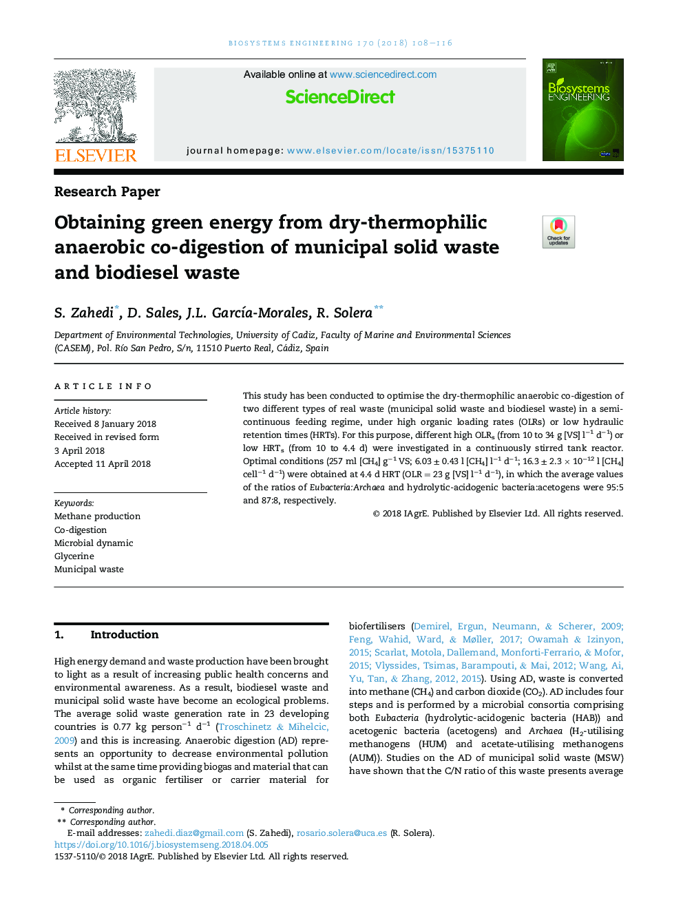 Obtaining green energy from dry-thermophilic anaerobic co-digestion of municipal solid waste and biodiesel waste