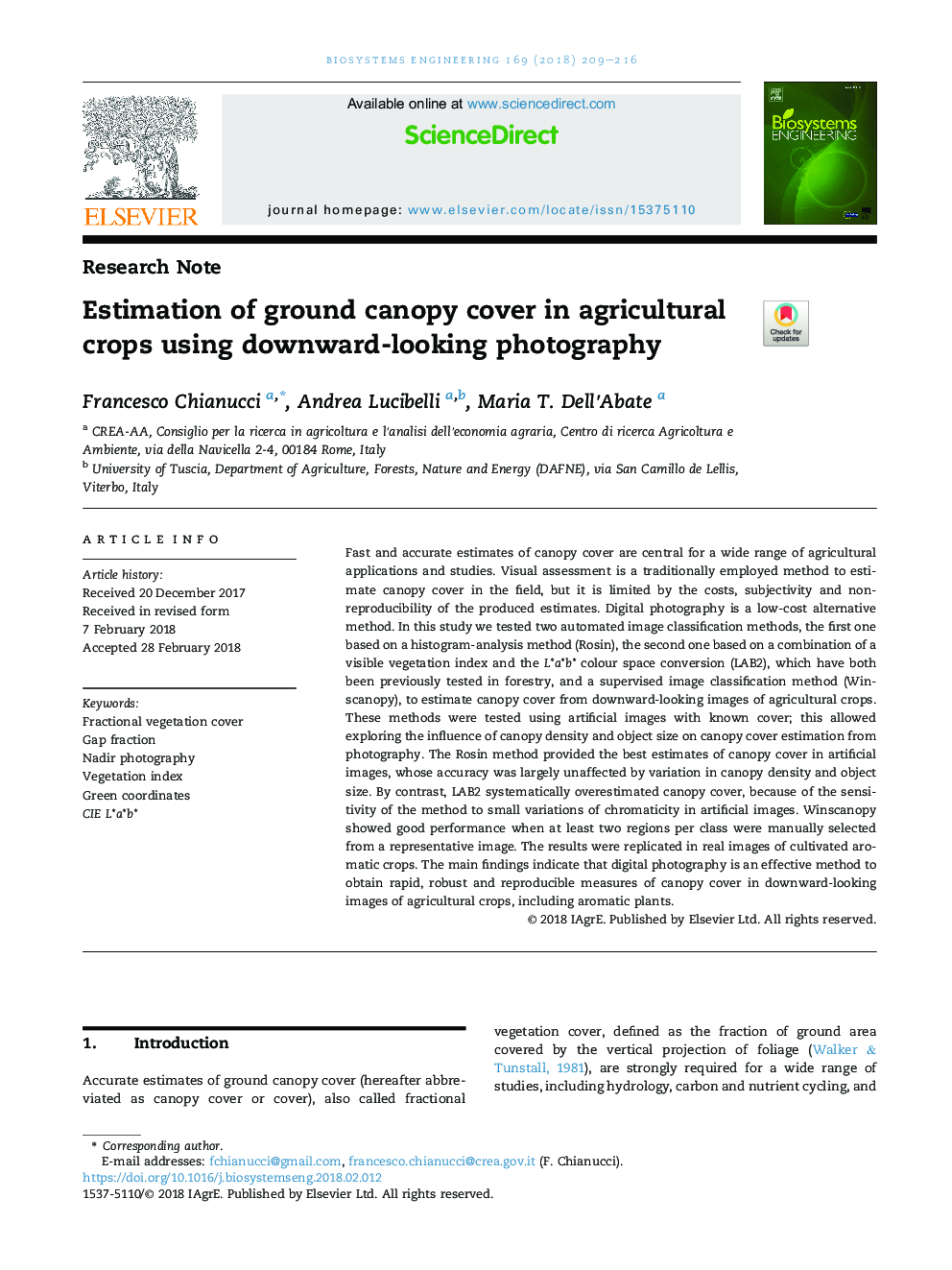 Estimation of ground canopy cover in agricultural crops using downward-looking photography