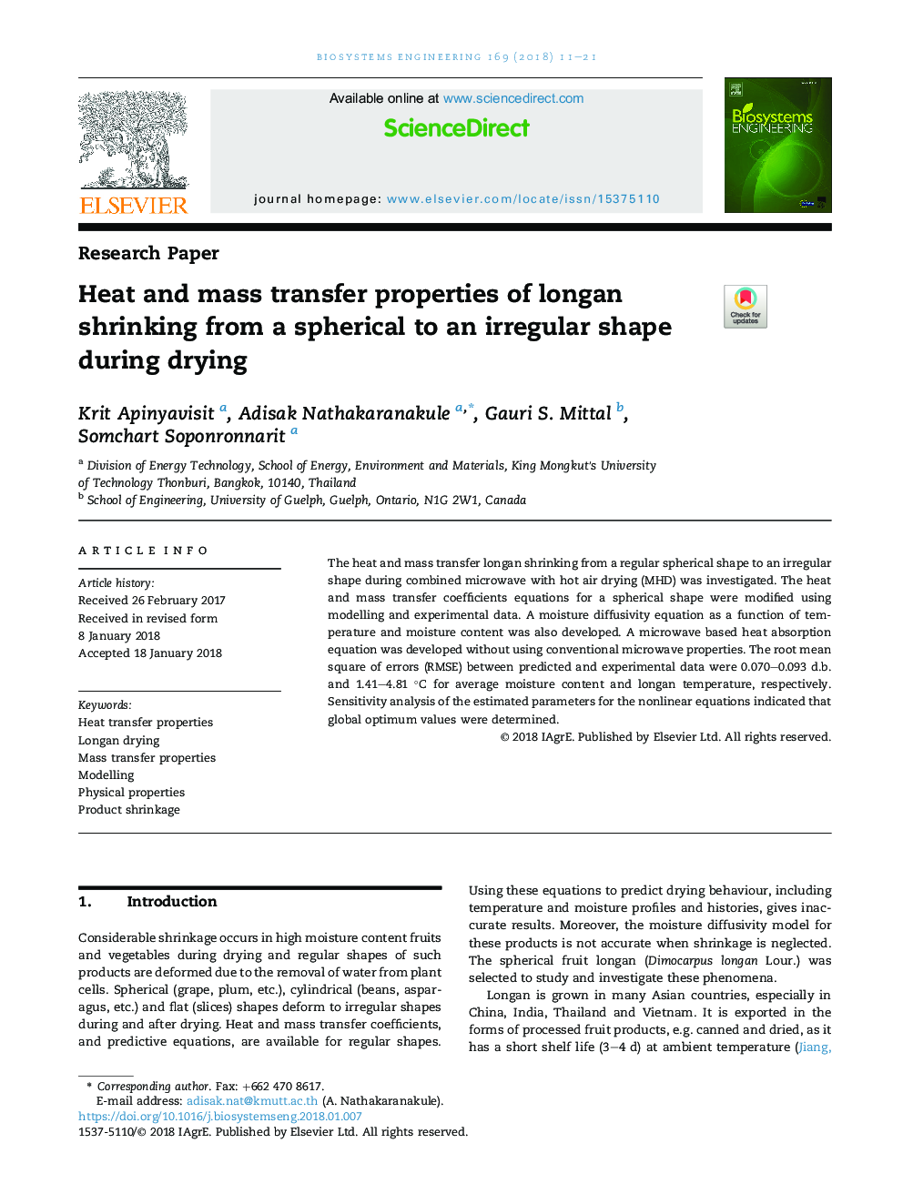 Heat and mass transfer properties of longan shrinking from a spherical to an irregular shape during drying